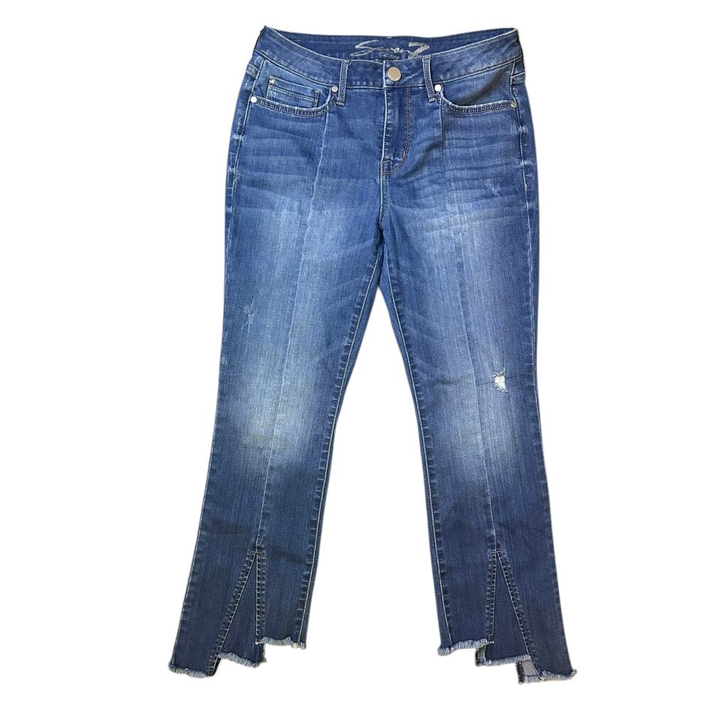 7 For All Mankind Women’s Mid Rise Flare Jeans Size 6 Blue Raw Hem Split Leg